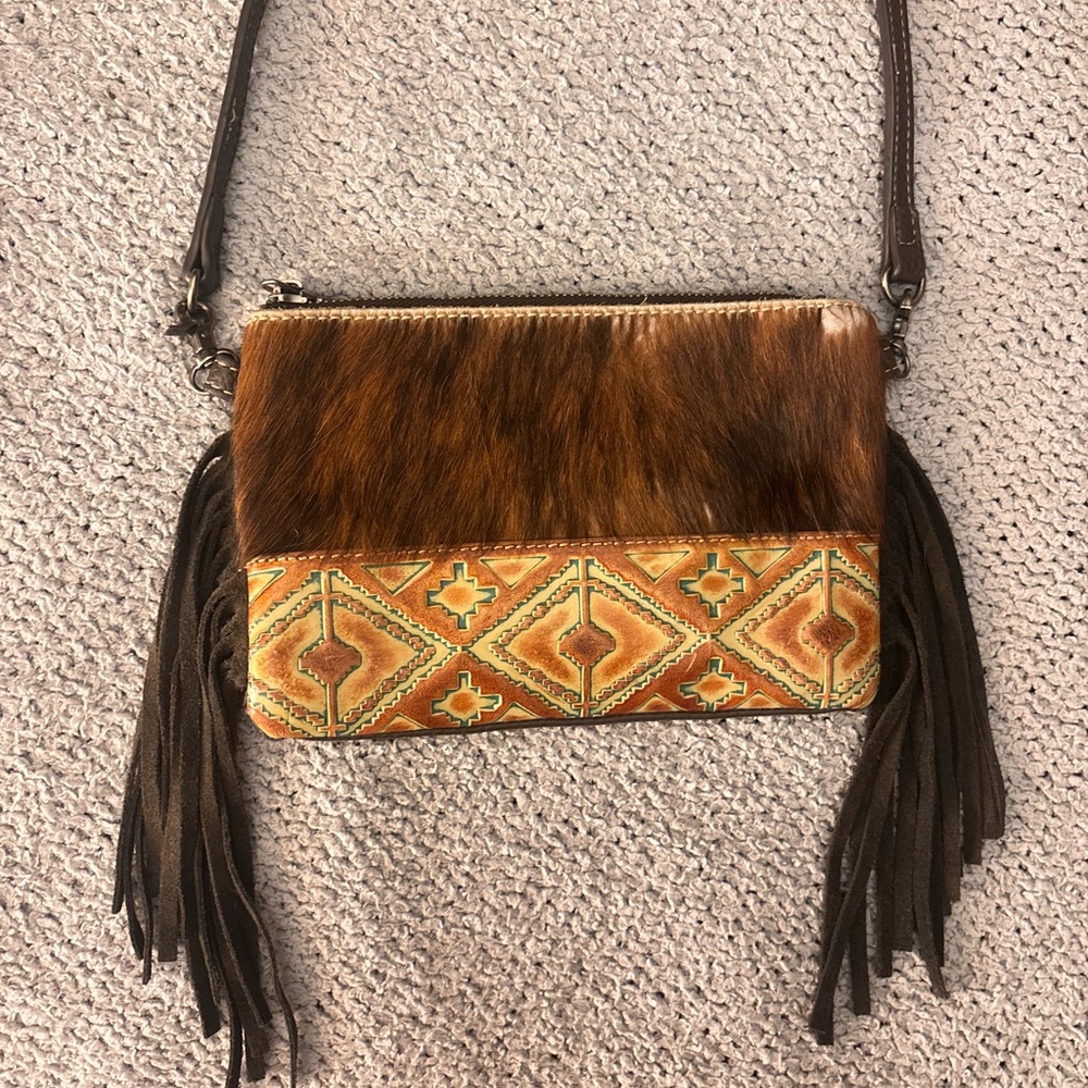 Montana West Brown Western Haircalf Fringe Crossbody Bag